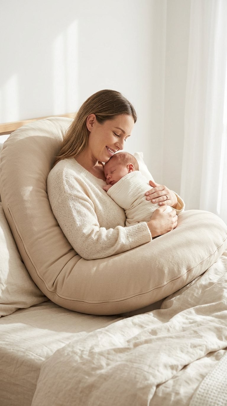 Madre con su bebé descansando sobre un almohadón Schwartz